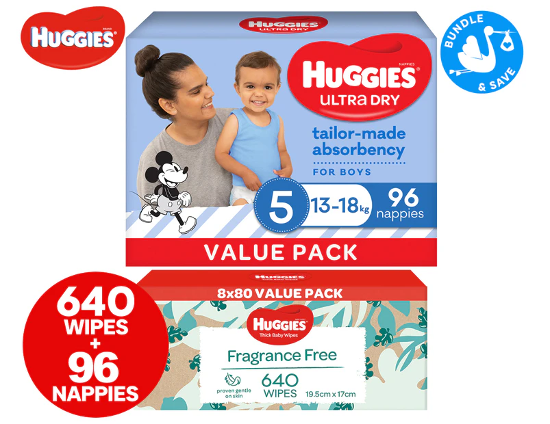 Huggies Ultra Dry Size 5 13-18kg Boys' Nappies 96pk + Fragrance Free Baby Wipes 640pk