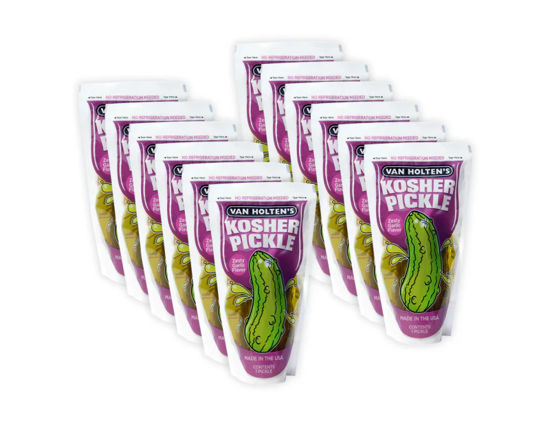 12x Van Holten's 140g Jumbo Kosher Zesty Garlic Flavoured Pickle/Cucumber Snack