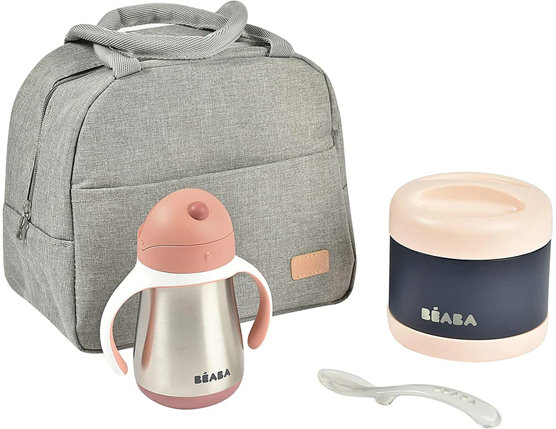 Beaba, Set of Isothermal Baby Food and Accessories, Lunch Box, Stainless Steel 500ml Thermal Glass and 250ml Straw, Silicone spoon, Dusky Pink - Catch