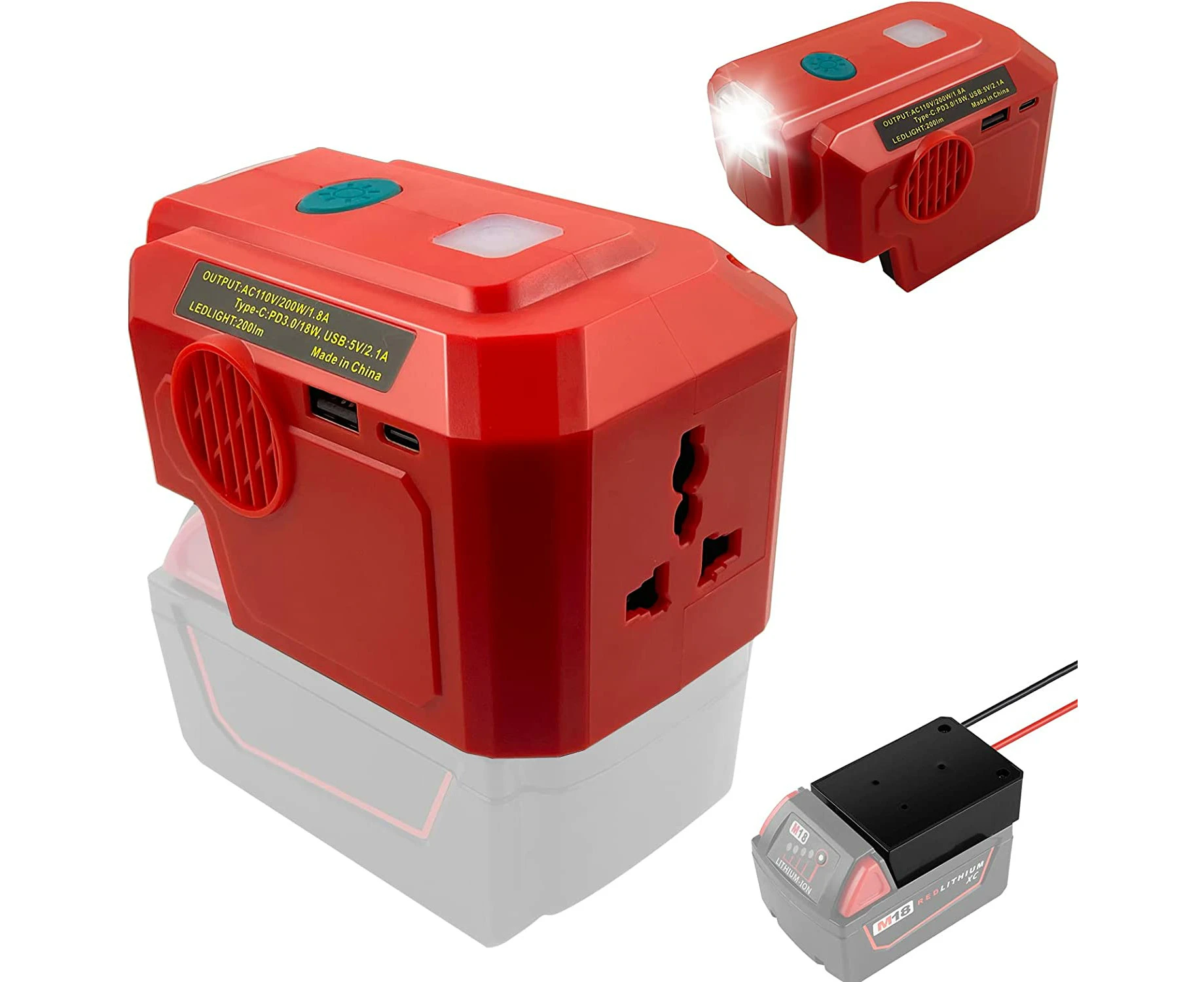 200W Portable Power Supply Inverter Compatible with Milwaukee M18 18V Battery with Power Wheels Adaptor USB-A and Type-C Port Powered Inverter Generator