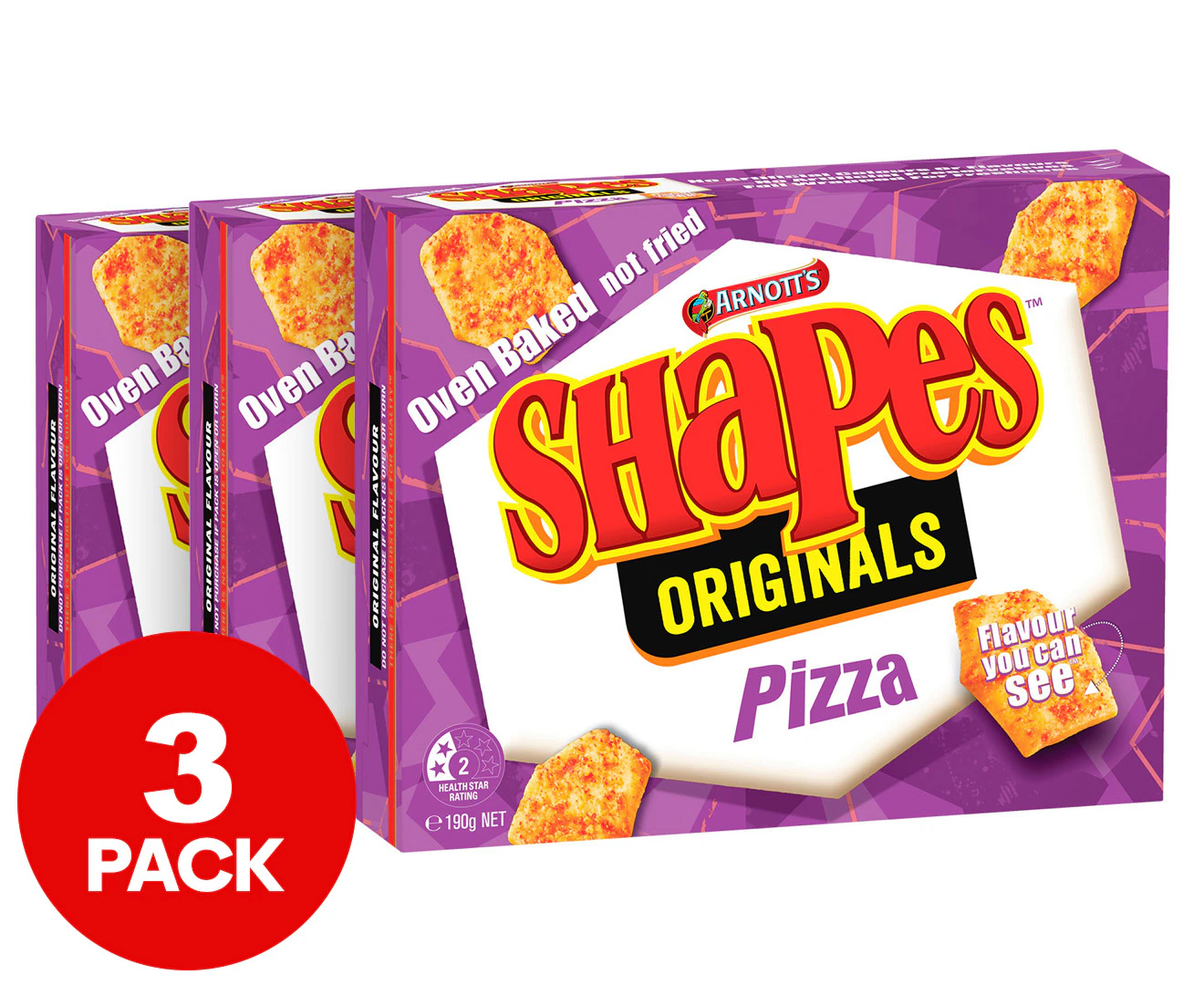 3 x Arnott's Shapes Originals Cracker Biscuits Pizza 175g