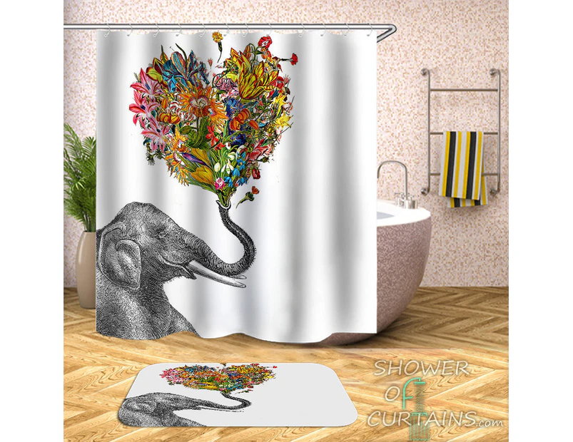 Shower Curtain 180cm(W) X 200cm(L) Only Smiling Elephant Holding A Floral Heart