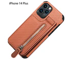 brownPhone Case Wallet Card Holder Holder Zipper Bag，Protective Folding Case Cover for iPhone 14 Plus