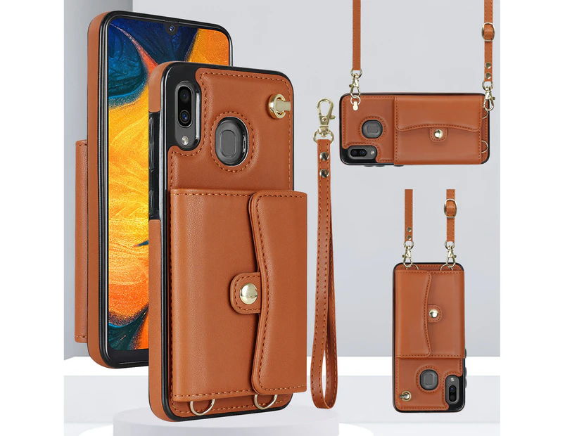 Samsung Galaxy A20  Leather Magnetic Detachable Wrist Strap Card Holder Wallet Case -Brown