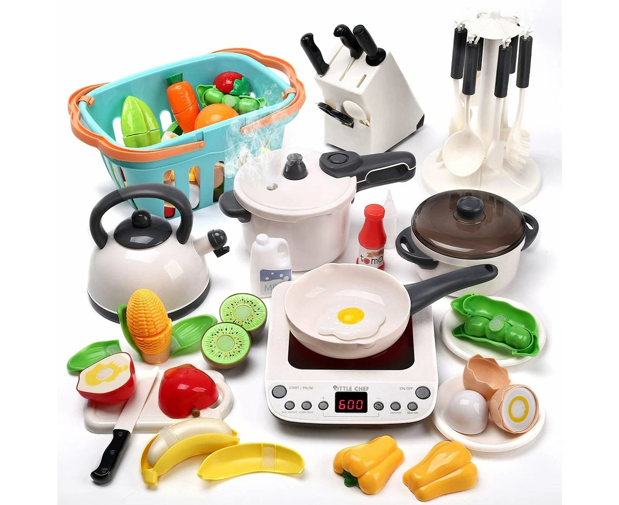 CUTE STONE Kitchen Play Toy with Cookware Playset Steam Pressure Pot Cooktop