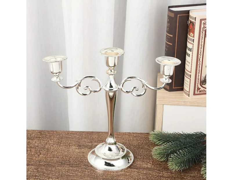 Metal Candlestick 3 Arms 10" Tall Candle Holder Candelabra Candle Stand for Home Restaurant Dining Table Decor Gold Bronze Color—SILVER 3-ARM