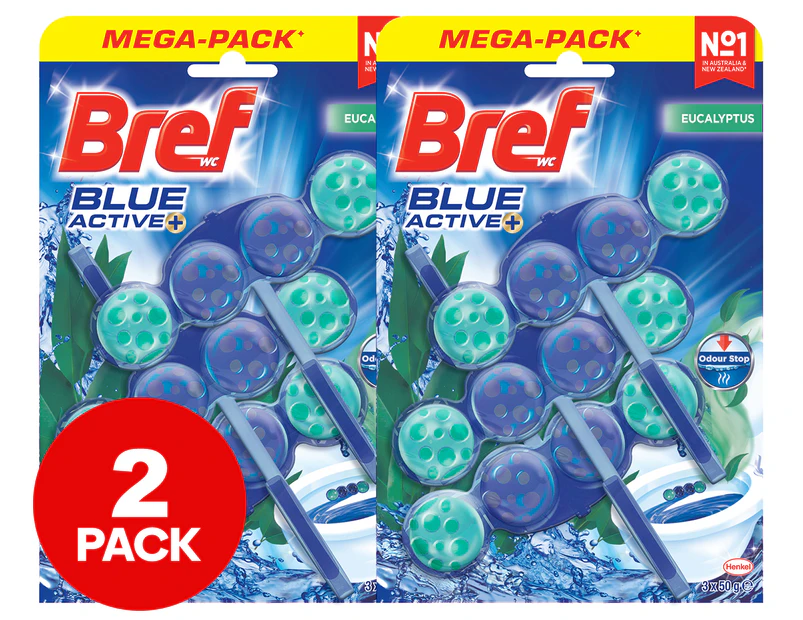 2 x 3pk Bref Blue Active+ Rim Block Toilet Cleaner Eucalyptus 50g
