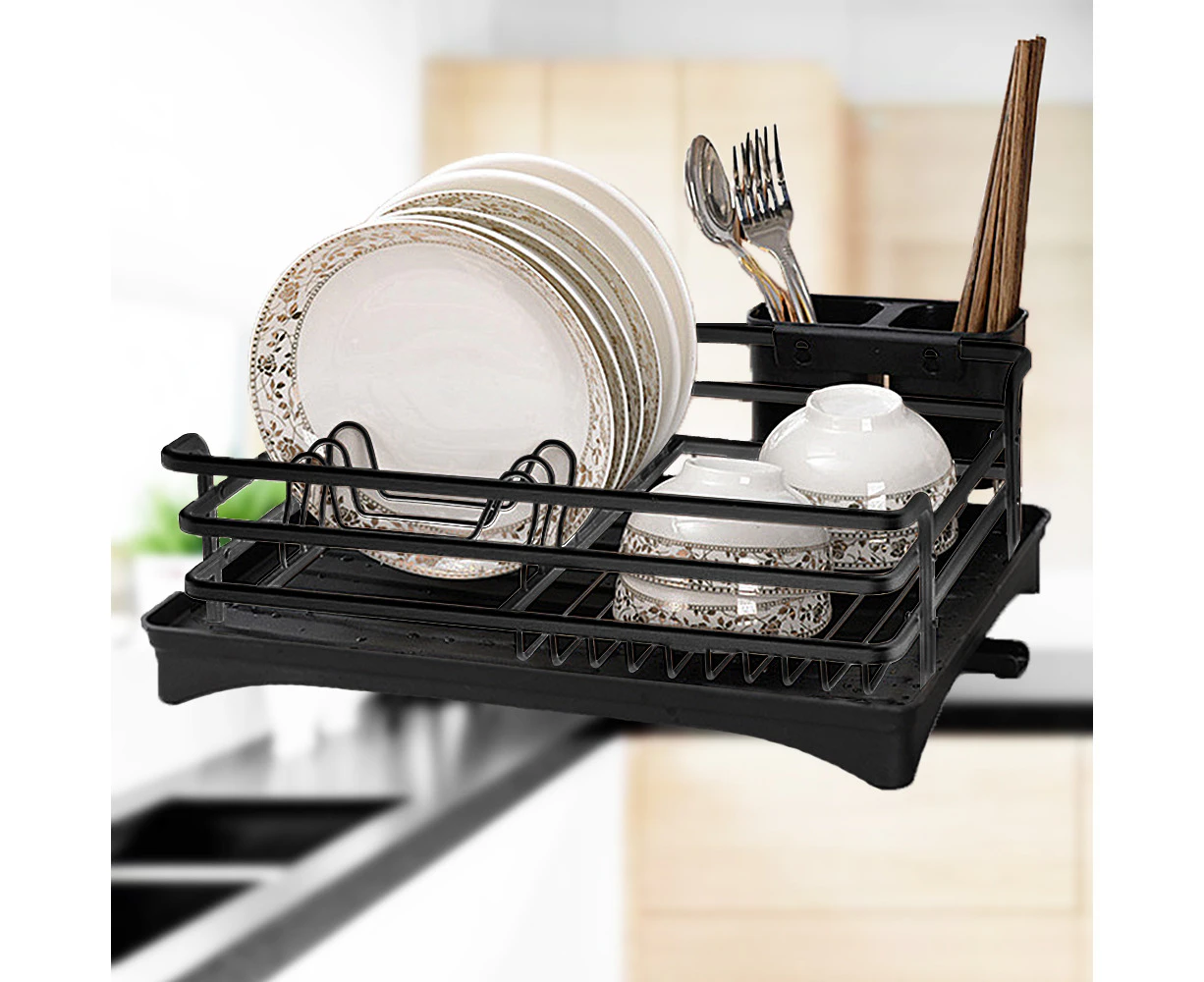 Black Dish Drying Rack  Kitchen Sink Storage Organizer Cup Plates with Strainer Cutlery Utensil Holder