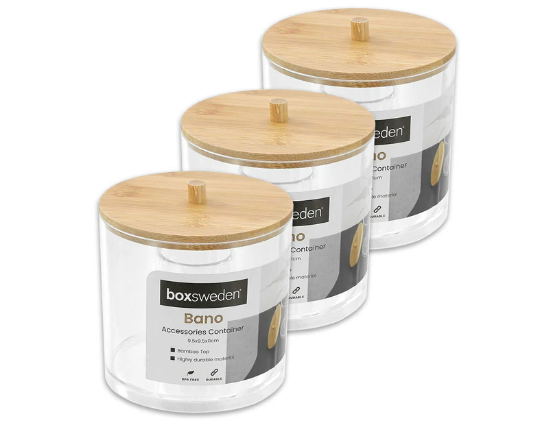 3 x Boxsweden 11cm Bano Accessories Container w/ Bamboo Lid - Natural/Clear