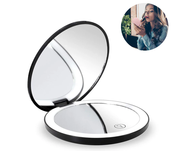 Travel Makeup Mirror Led 1X/10X Magnifying Portable Compact Mirror Usb Rechargeable Touch Switch 2-Sided Illuminated Folding Mirror,Black