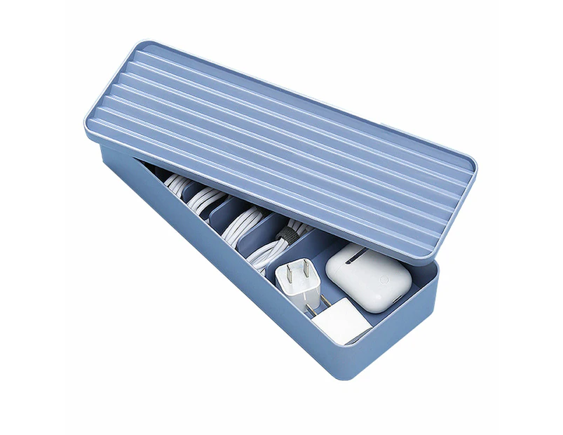 Plastic Cable Organizer Box with Compartments, Desk Accessories Storage Case with Lid and Wire Ties, 27.2*9.6*6cm,blue