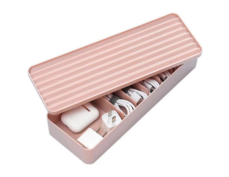 Plastic Cable Organizer Box with Compartments, Desk Accessories Storage Case with Lid and Wire Ties, 27.2*9.6*6cm,Pink