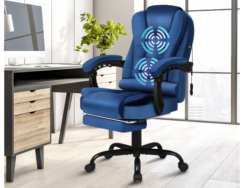 ALFORDSON Massage Office Chair Velvet Footrest Executive Gaming Racing Seat Blue