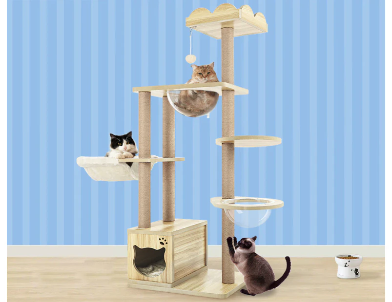 BEASTIE Cat Tree Wood Tower Scratching Post Beige 158cm