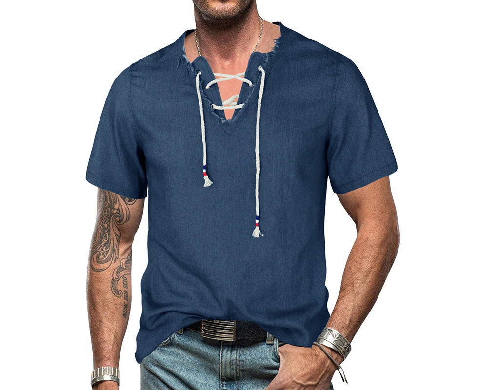 Mens Short Sleeve Henley Shirts Regular Fitted T-shirts Casual Shirts Jean Shirts for Men-Dark Blue