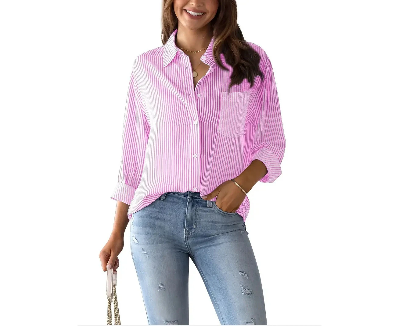 Womens Long Sleeve Button Down Shirts Regular Fit Stripe Shirts Casual Tunic with Pockets Blouses-Pink