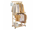 Rolling Bamboo Clothes Rack Clothing Storage Shelf Wardrobe Rack with Double Rails