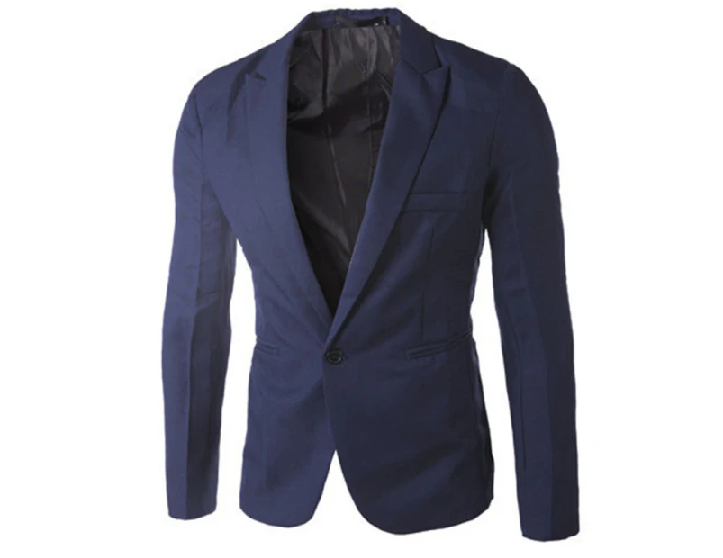 Men Casual Blazer Jacket One Button Tuxedo Suit Party Formal Coat Slim Fit Top - Navy Blue