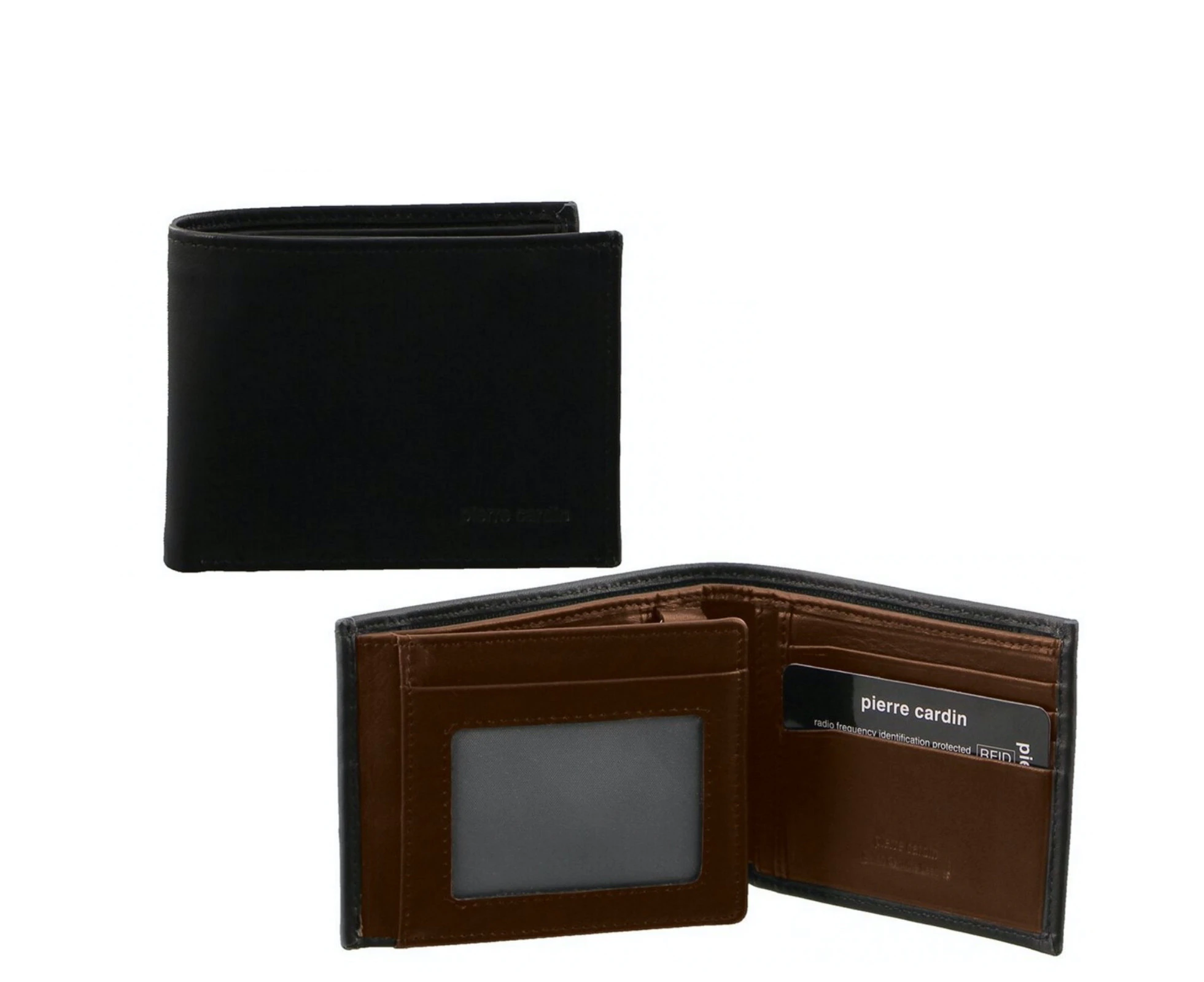 Pierre Cardin Italian Genuine Leather Mens Two Tone Bi Fold Wallet- Black/Cognac