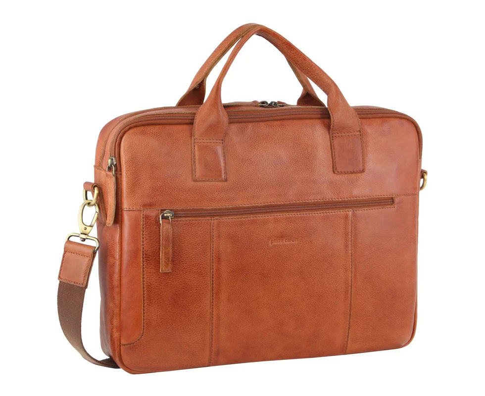 Pierre Cardin Mens Rustic Leather Computer/Laptop Messenger Bag - Cognac