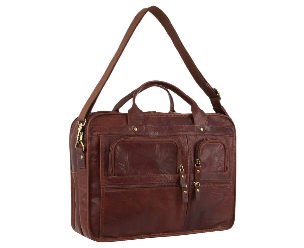 Pierre Cardin Rustic Leather Computer/Laptop Messenger Bag - Chestnut