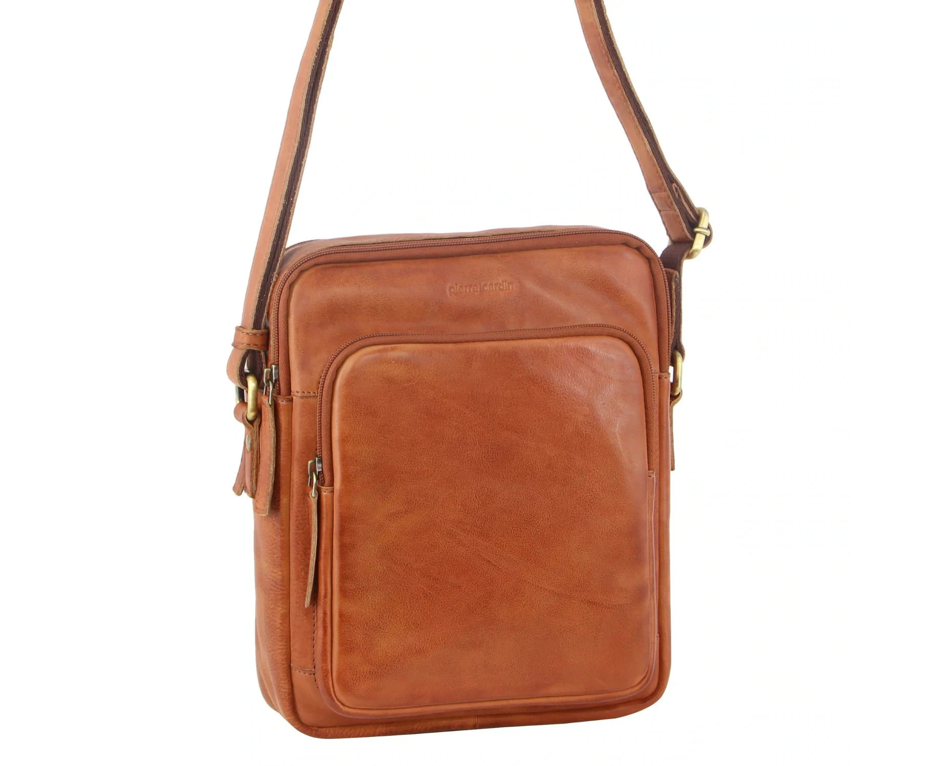 Pierre Cardin Italian Leather Tablet Bag Messenger Cross Body - Cognac