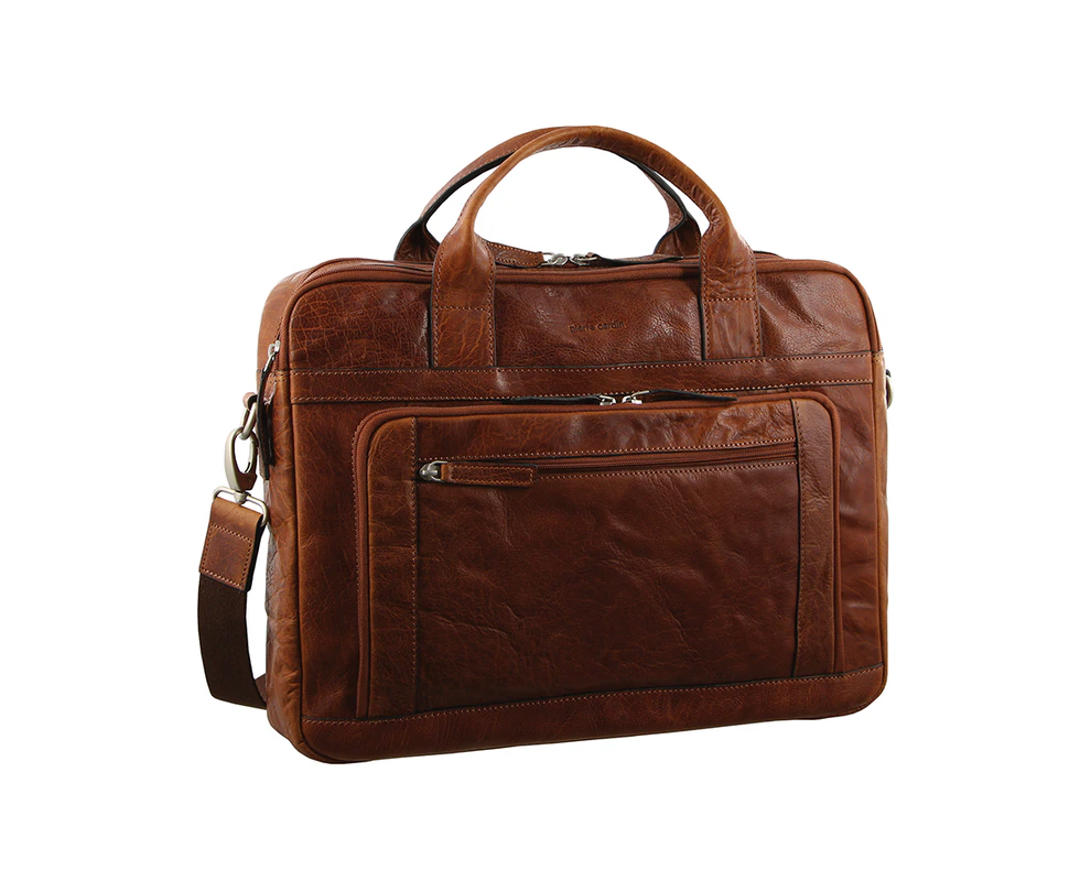 Pierre Cardin Italian Leather Business 15" Laptop Bag Briefcase Messenger Bag - Chestnut