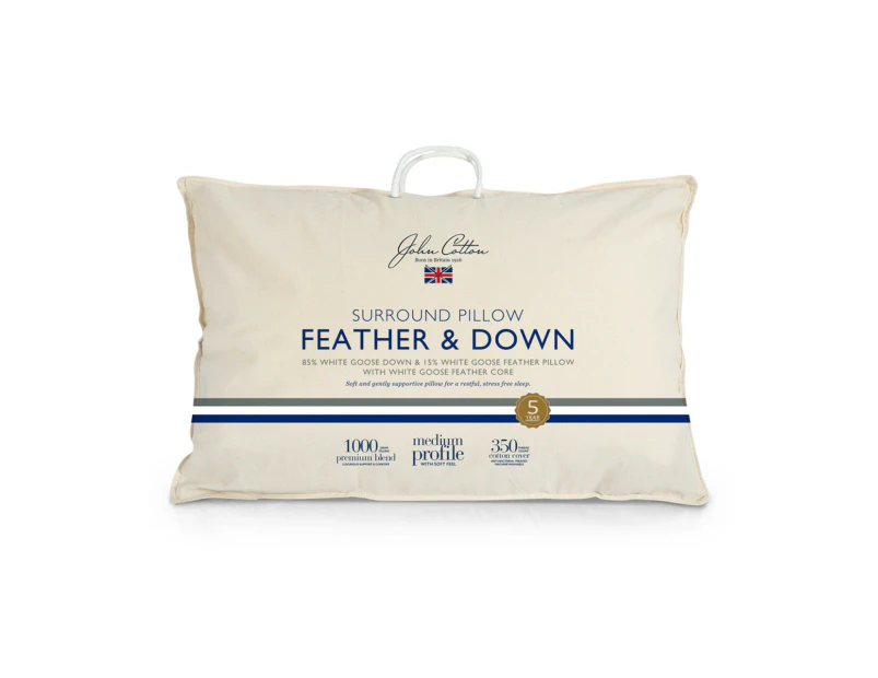 John Cotton 350TC Feather & Down 85/15 White Goose Surround Medium Sleep Pillow