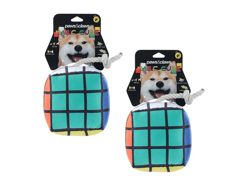2 x Paws & Claws 16cm Magic Cube Soft Plush Pet Dog Squeaker Chew Toy w/ Rope Large