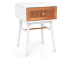 Giantex Rattan Nightstand Boho Accent End Table w/Storage Drawer Mid-century Modern Bedside Table White & Brown