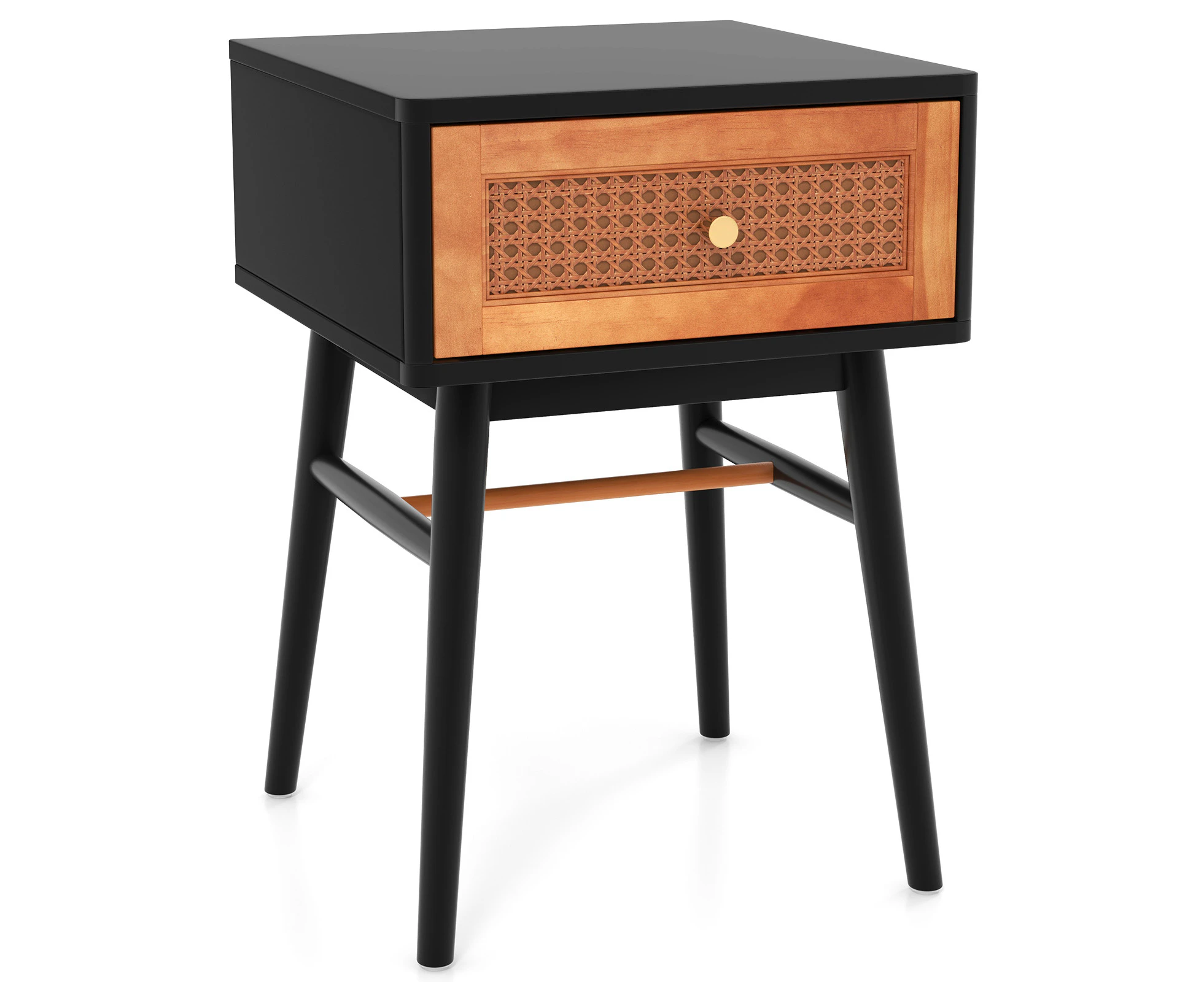 Giantex Rattan Nightstand Boho Accent End Table w/Storage Drawer Mid-century Modern Bedside Table Black & Brown