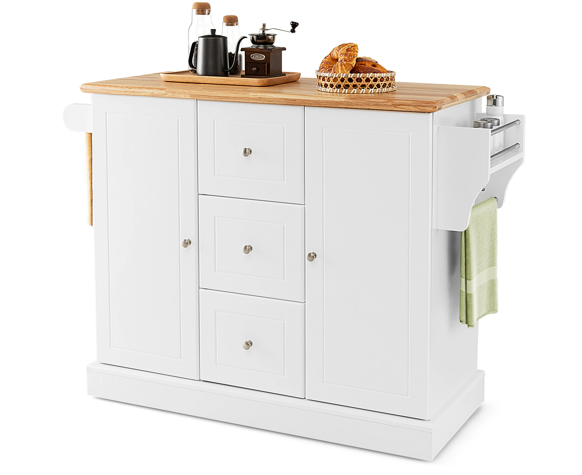 Giantex Mobile Kitchen Island Cart Serving Trolley w/Rubber Wood Countertop & Adjustable Shelves Buffet Sideboard Cabinet White