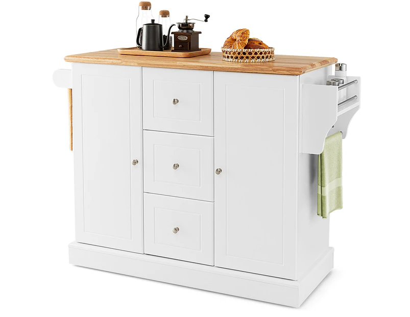 Giantex Mobile Kitchen Island Cart Serving Trolley w/Rubber Wood Countertop & Adjustable Shelves Buffet Sideboard Cabinet White