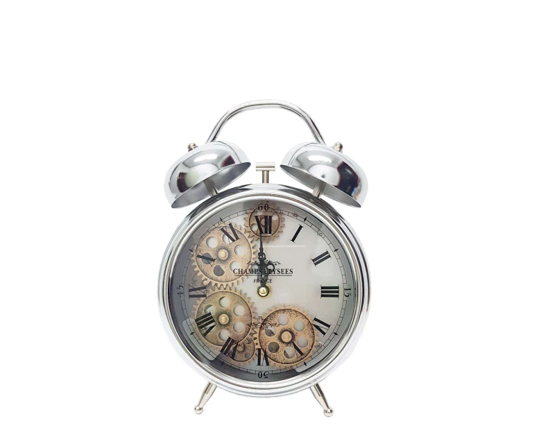 Madame Argent alarm moving cogs bedside clock - silver