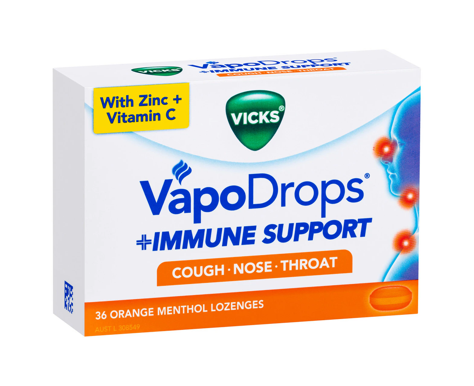 Vicks VapoDrops + Immune Support Orange Menthol, Nose, Throat & Cough Relief, Support Immune Health, 16 Lozenges