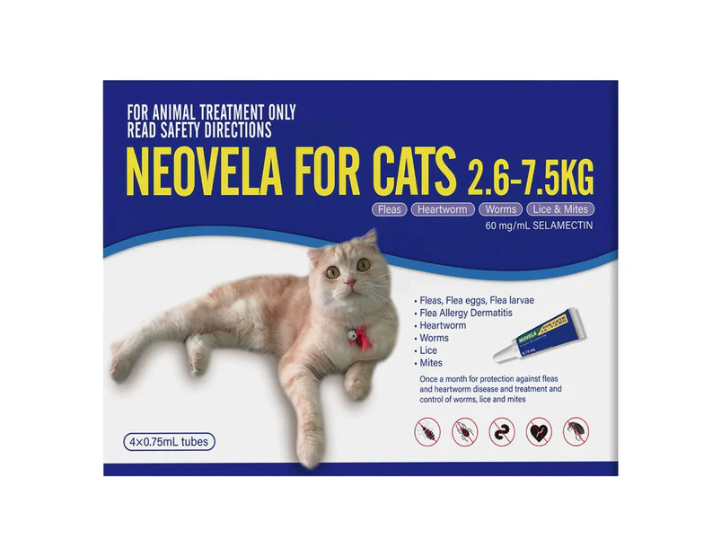 Neovela Spot-on Flea & Worm Treatment for Cats 2.6-7.5kg Blue 4 Pack