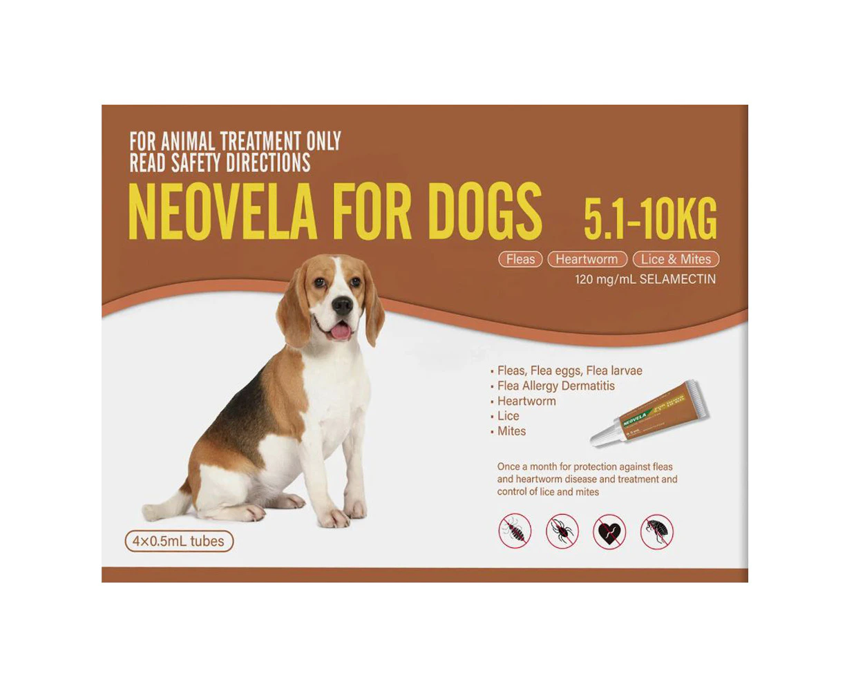 Neovela Brown 4 Pack for Dogs 5.1kg to 10kg Flea & Heartworm Treatment (Selamectin)