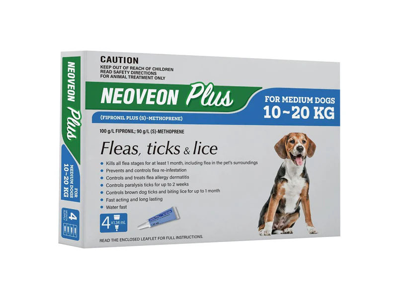 Neoveon Plus Spot-on Flea & Tick Treatment for Medium Dogs 10-20kg 4 Pack