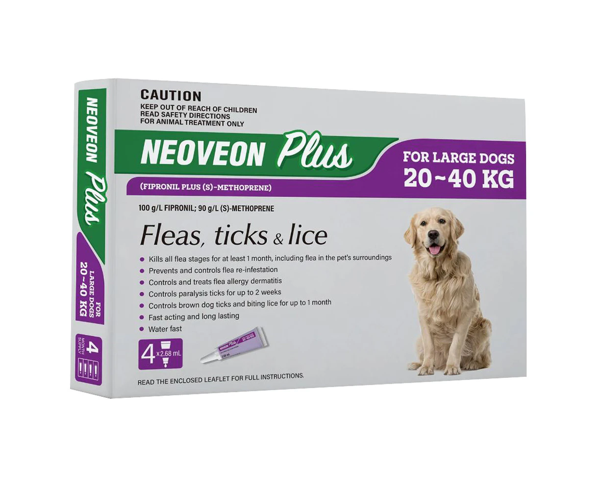 Neoveon Plus Purple 4 Pack for Dogs 20kg to 40kg Flea Control Treatment