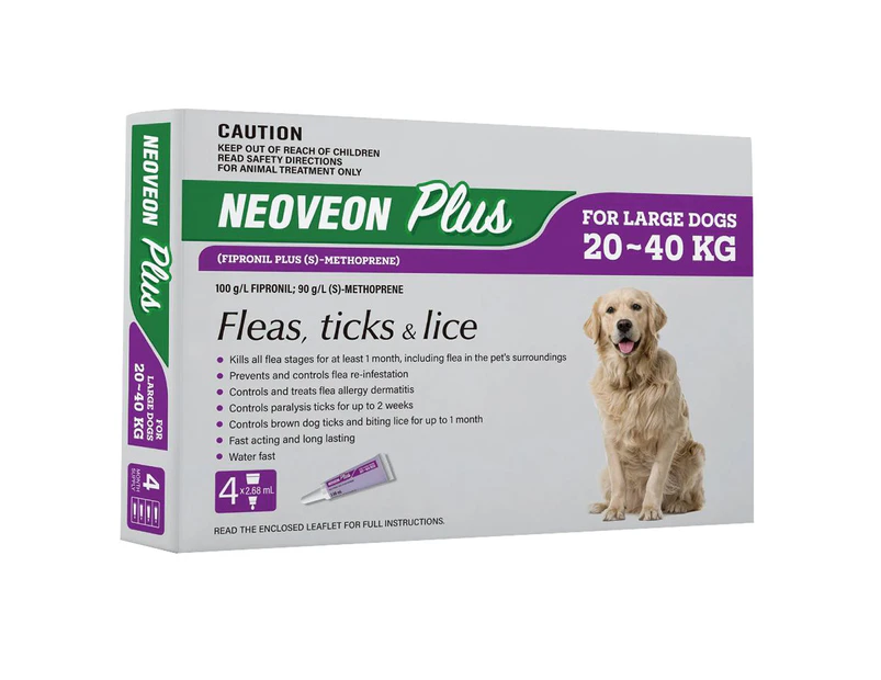 Neoveon Plus Purple 4 Pack for Dogs 20kg to 40kg Flea Control Treatment