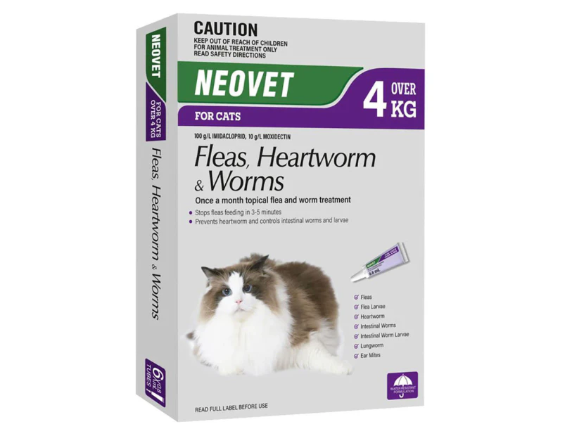 Neovet Fleas, Heartworm & Worms Treatment for Cats Over 4kg 6pk