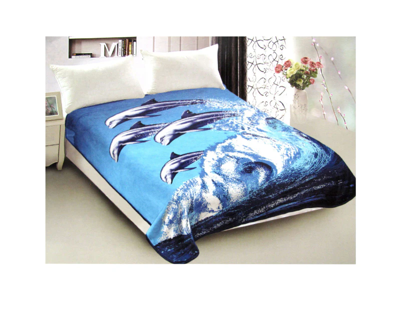 800GSM Luxury Reversible Animal Pattern Mink Blanket Queen 200 x 240 cm Jumping Dolphins