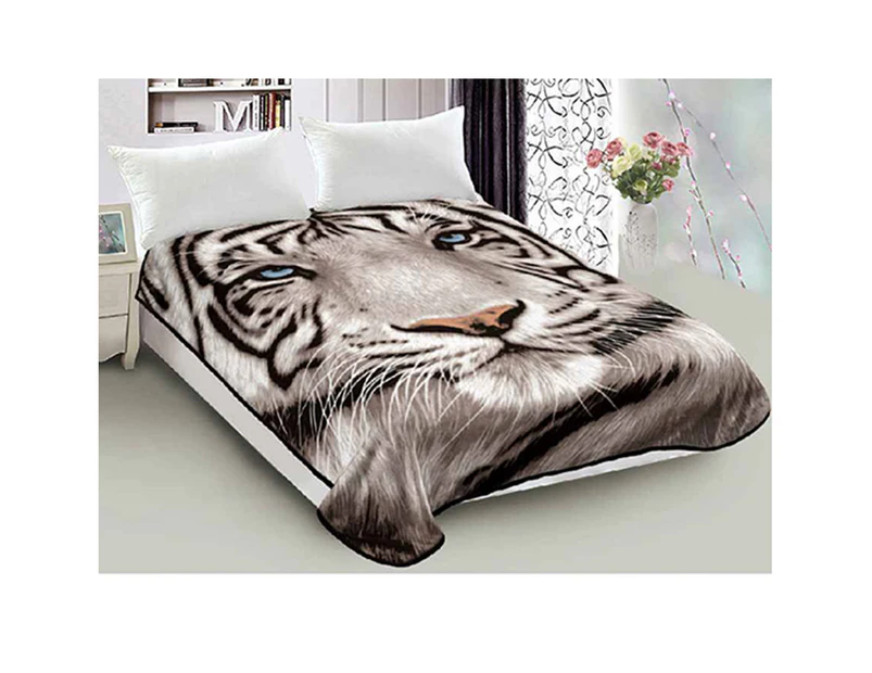 800GSM Luxury Reversible Animal Pattern Mink Blanket Queen 200 x 240 cm Blue-eyed Tiger