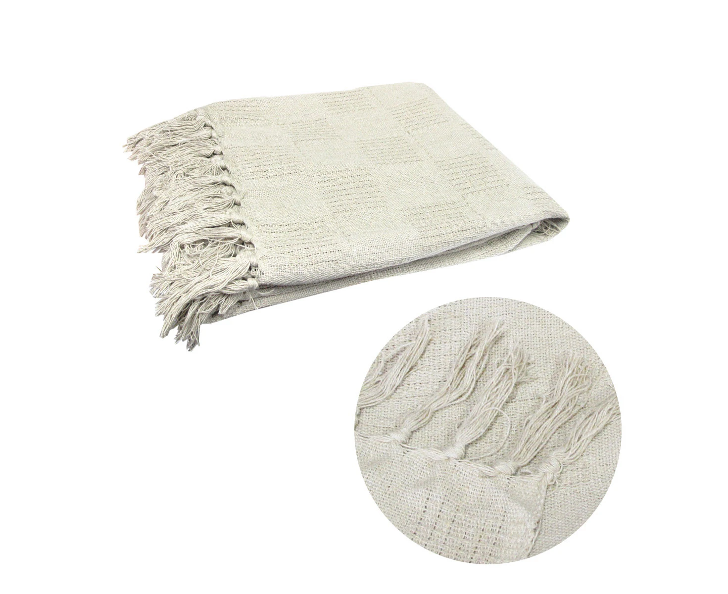 Checkerboard Cotton Texture Fringe Blanket Throw Rug 125 x 150cm Off White