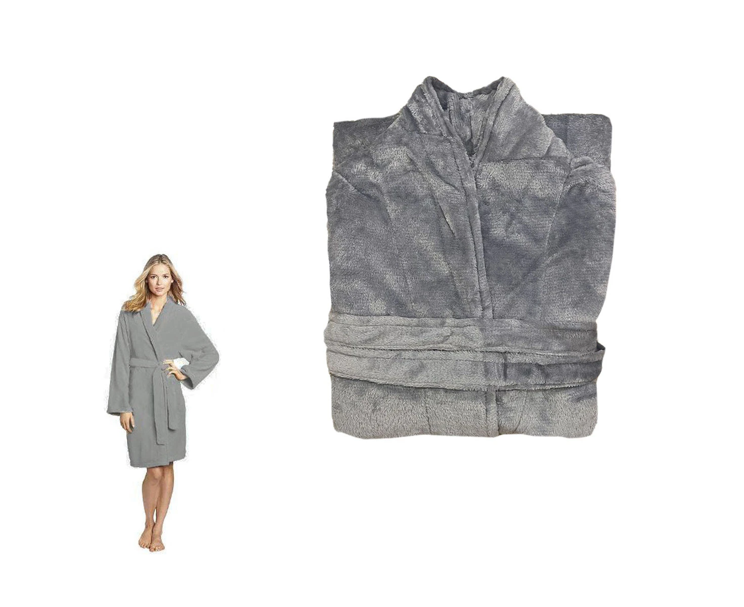 190GSM Ultra Soft Plush Fleece Bath Robe - Grey