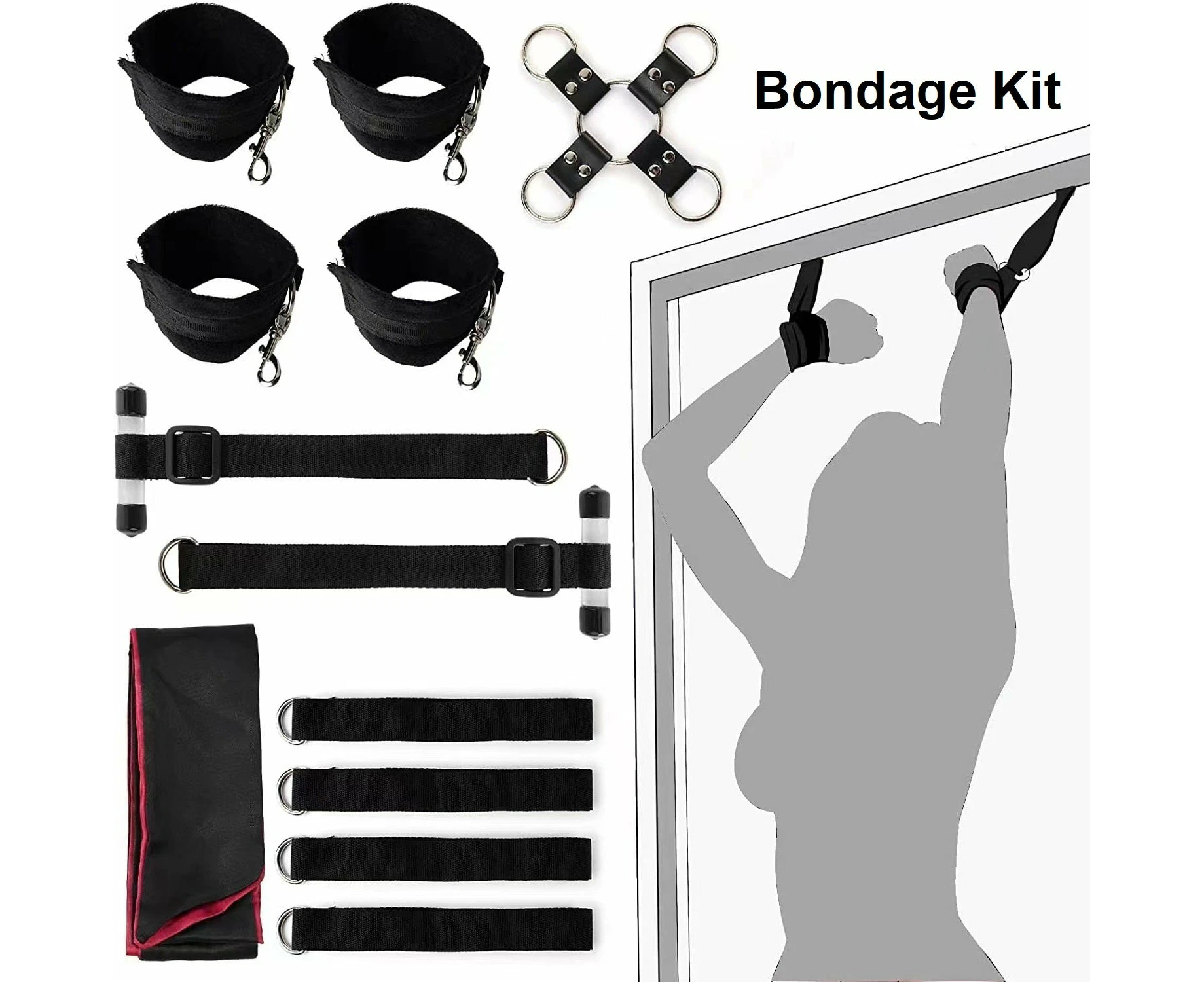 BDSM Over The Door Restraint System Handcuffs & Ankle Cuffs Bondage Kit