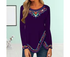 Bestjia Women Top Folk-custom Long Sleeves Ethnic Flower Print Soft Warm Mid Length Vintage Spring T-shirt for Daily Wear - Purple