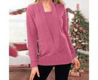 Bestjia Women Sweater Fake Two Piece Design Deep V Neck Solid Color Knitwear Autumn Winter Loose Knitting Pullover Streetwear  - Rose Red