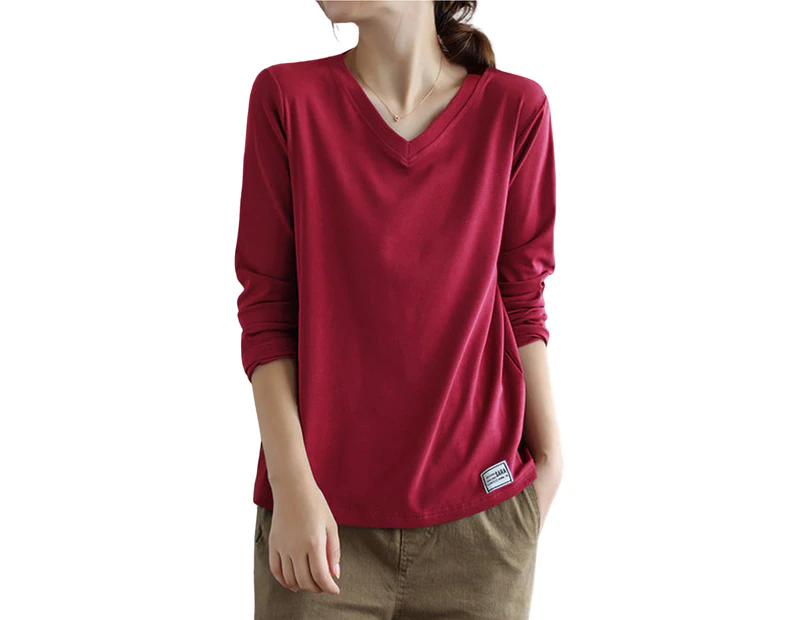 Bestjia V Neck Long Sleeves Women Top Women Autumn Winter Solid Color Bottoming Top T-shirt Streetwear - Red
