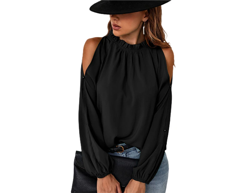 Bestjia O-Neck Ruffles Collar Long Sleeve Solid Color Women Blouse Elegant Autumn Winter Pleated Cold Shoulder Loose Top - Black